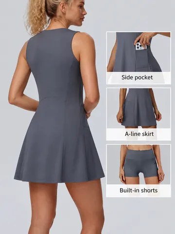Women Sports Tennis Dress Set With Built-In Shorts And Pockets Sleeveless Athletic Golf Workout Dress Set Nylon Spandex High Elasticity Quick Dry Activewear