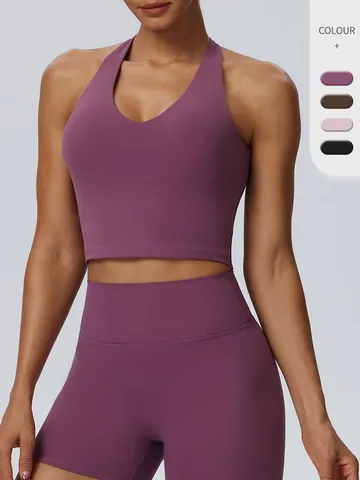 Women's Halter Neck Sports Vest High Elastic Breathable Yoga Tank Top With Removable Chest Pads Sexy Open Back Fitness Workout Top