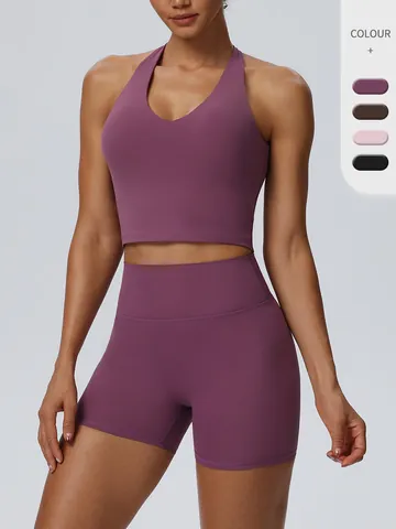 Women Athletic Yoga Set Nylon Spandex Padded Vest Top And High Waist Scrunch Butt Shorts Gym Sportswear Sport Suit