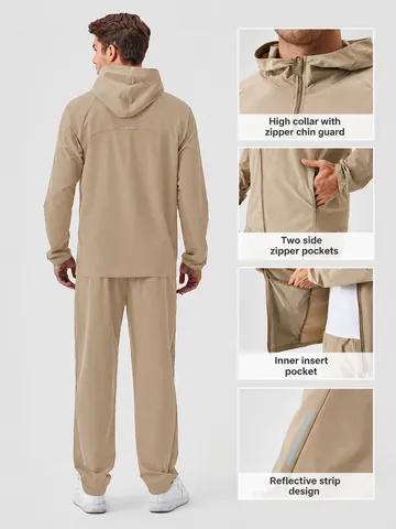 Ensemble de Sport à Capuche pour Hommes Coupe-vent Extérieur Course Fitness Top And Bottom Survêtement en Nylon Respirant Jogging Sportswear Décontracté
