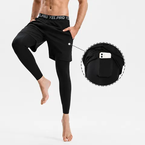 Herren 2-in-1 Sporthose Doppellagige Basketball Training Kompressionshose Schnelltrocknend Hochelastisch Fitness Bottom