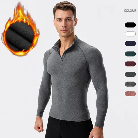Men's Fleece Lined Compression Shirt Thermal Quarter Zip Running Top Long Sleeve Workout Fitness Sweatshirt