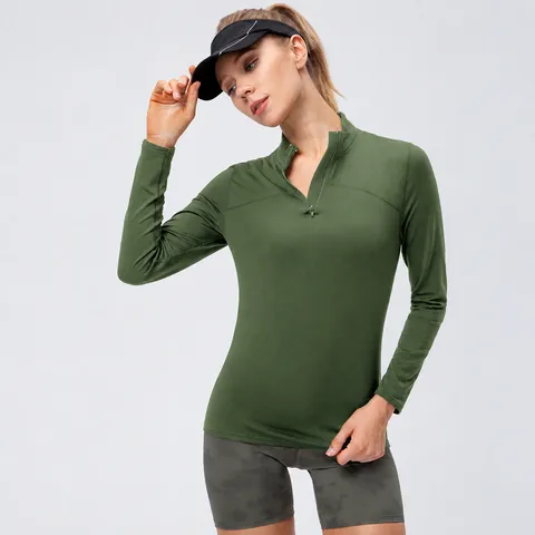 Women's Fleece Lined Athletic Long Sleeve Top Stand Collar Half Zip High Stretch Tight Fit Yoga Workout Sweatshirt