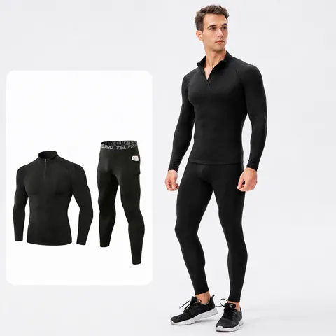 Men's Fleece Lined Fitness Sports Set Half Zipper Stand Collar Long Sleeve Top And Bottom Tight Training Compression Suit
