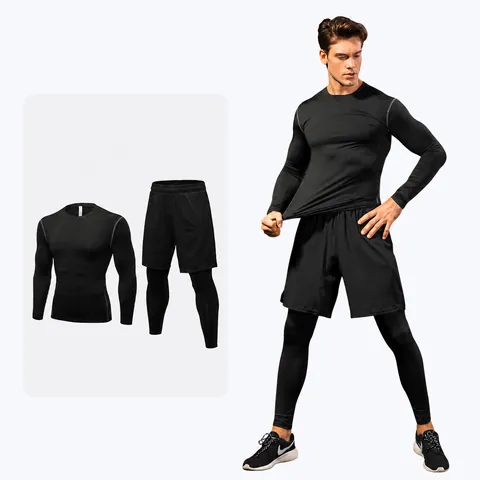 Men's Fitness Gym Set Quick Dry Compression Long Sleeve Top And Fake Two-Piece Pants Sports Tracksuit For Running Training 1019-7010