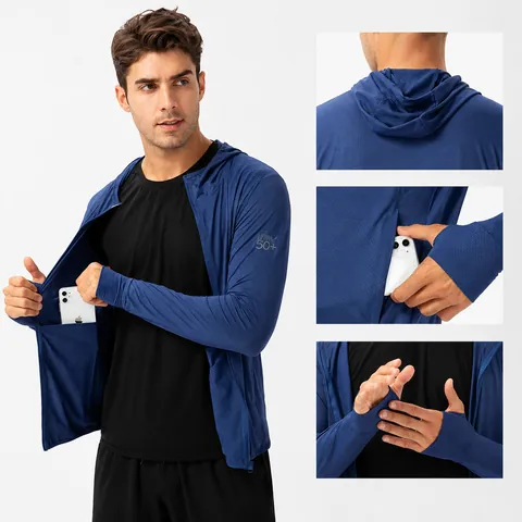 Men UPF 50+ Sun Protection Jacket Breathable Thin Hooded Top For Outdoor Sports Fishing Cycling Polyester Spandex Long Sleeve Jacket
