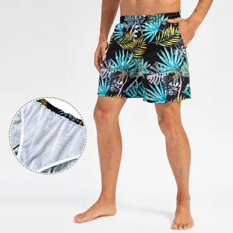 Men Quick Dry Beach Shorts Palm Leaf Banana Printed Swim Trunks Mesh Lining Board Shorts For Surfing Vacation Summer Bottom