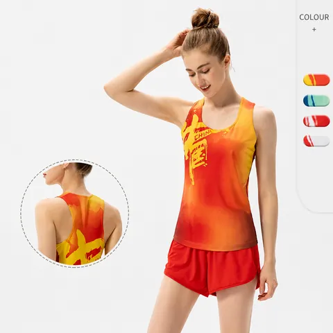 Damen Marathon Schnelltrocknend Racerback Tank Top Und Shorts Set CHINA Kalligraphie-Druck Sport Laufen Fitness Training Bekleidung