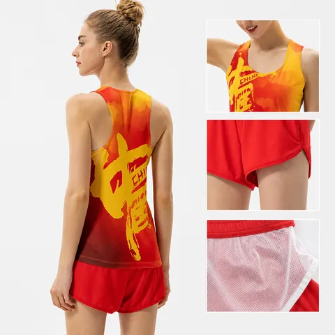 Damen Marathon Schnelltrocknend Racerback Tank Top Und Shorts Set CHINA Kalligraphie-Druck Sport Laufen Fitness Training Bekleidung