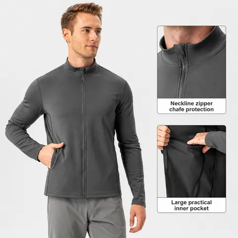 Men's Fleece Lined Sports Jacket Slim Fit Full Zip Training Top Outdoor Fitness Running Hoodless Warm Coat