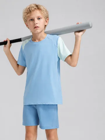 Boys Summer Athletic T-Shirt Breathable Nylon Spandex Short Sleeve Top Contrast Color Casual Sport Shirt For Running