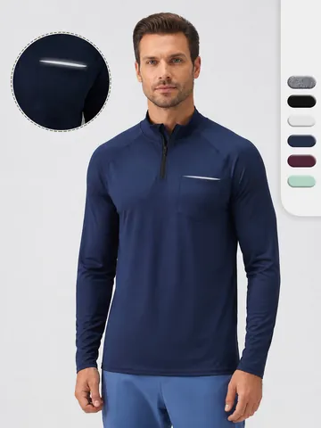 Herren Schnelltrocknendes Fitness Sweatshirt Halbreißverschluss Langarm Laufoberteil Reflektierend Training Gym Sport Activewear Top