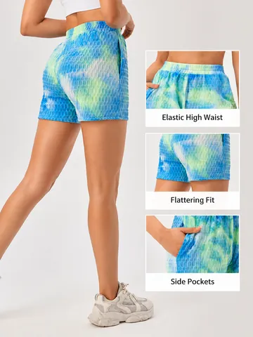 Women's High Waist Quick Dry Yoga Shorts Elastic Honeycomb Textured Running Fitness Casual Tie Dye Bottom