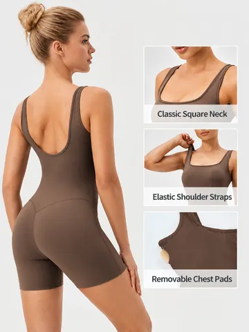 Women Square Neck Yoga Romper Unitard Slim Fit Sports Bodysuit With Removable Chest Pads High Elasticity Butt Lifting One Piece Gym Jumpsuit For Running Fitness