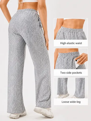 Dames Hoge Taille Sportbroek Geometrische Wafeltextuur Rechte Pijp Losse Bedrukte Broek Voor Hardlopen Fitness Yoga Dagelijkse Casual Kleding Bottom