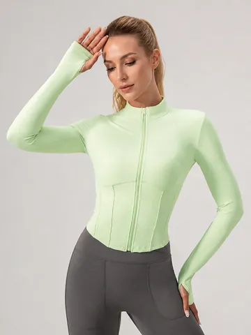 Women's Slim Fit Yoga Jacket Stand Collar Full Zipper Long Sleeve Running Top Thumb Holes Breathable Quick Dry Athletic Workout Top