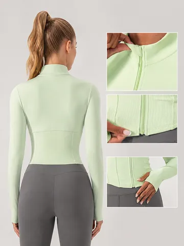 Women's Slim Fit Yoga Jacket Stand Collar Full Zipper Long Sleeve Running Top Thumb Holes Breathable Quick Dry Athletic Workout Top