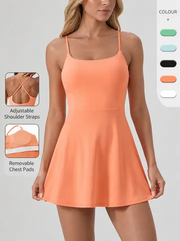 Women Athletic One Piece Tennis Dress Polyester Quick Dry Naked Feel With Chest Pads Running Fitness Workout Slim Dress