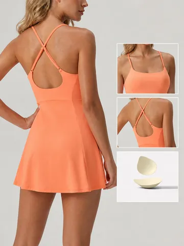 Women Athletic One Piece Tennis Dress Polyester Quick Dry Naked Feel With Chest Pads Running Fitness Workout Slim Dress