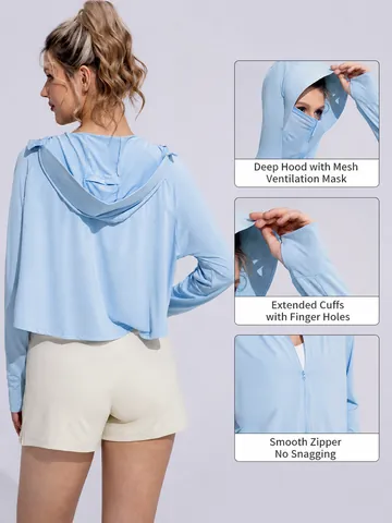 Women Ice Silk Sun Protection Jacket UV Protection Lightweight Hooded Summer Sport Top Mist Gray White Blue Purple