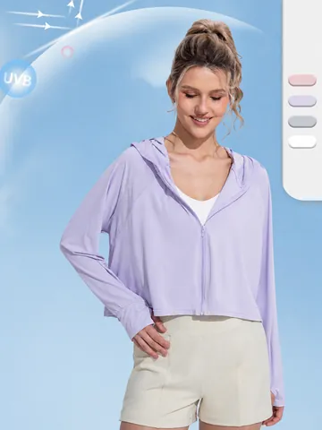 Women Sun Protection Clothing Ice Silk Anti-UV Hooded Jacket Loose Outdoor Sports Sunscreen Top With Black Glue Brim