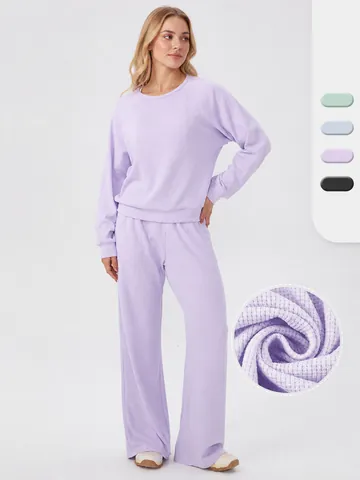 Women Waffle Knit Loungewear Set Casual Long Sleeve Pullover Top And Wide Leg Pants Autumn Winter Sporty Two Piece Outfit
