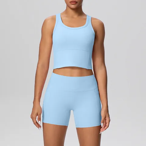 Women Yoga Set Skin-Friendly Racerback Top And Bottom With Pocket Workout Shorts Solid Color Breathable Fitness Gym Clothing