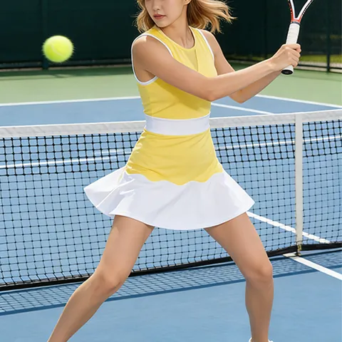 Women's Color-Block Mesh Splicing Tennis Dress High Waist Slim Fit Sleeveless Athletic Skirt For Running Fitness Training