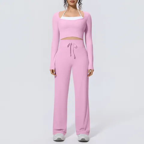 Women Top And Bottom Yoga Workout Suit Long Sleeve Color Block Crop Top And High Waist Wide Leg Drawstring Pants Soft Brushed Gym Fitness Activewear