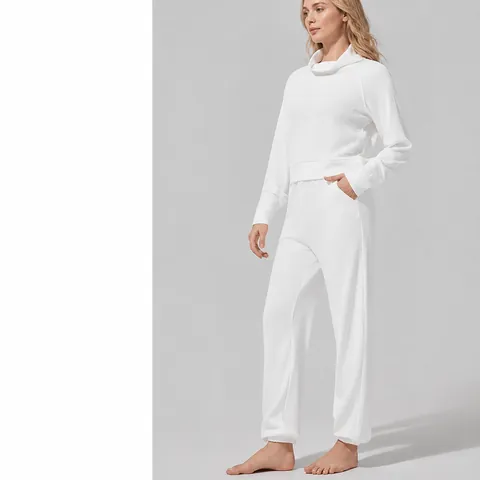 Conjunto Deportivo de Punto de Gofre para Mujer Top de Manga Larga con Cuello Alto y Pantalones Jogger Casuales de Cintura Alta Mezcla de Algodón y Poliéster