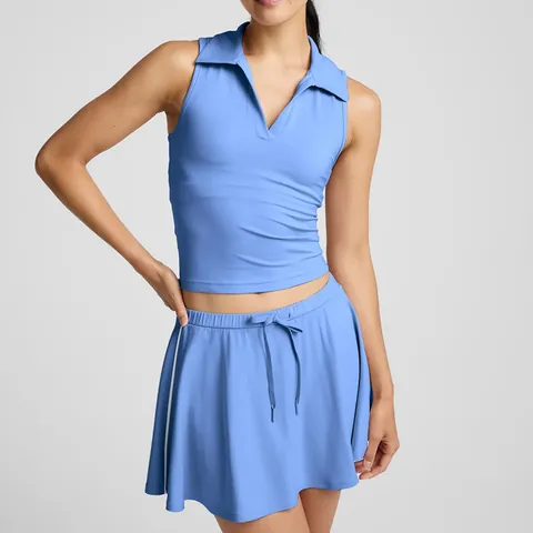 Women's Polo Neck Sleeveless Backless Sports Vest High Waist Tennis Skirt Athletic Workout Yoga Set Gym Fitness Wear Top Bottom
