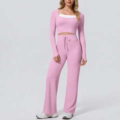 Women Top And Bottom Yoga Workout Suit Long Sleeve Color Block Crop Top And High Waist Wide Leg Drawstring Pants Soft Brushed Gym Fitness Activewear