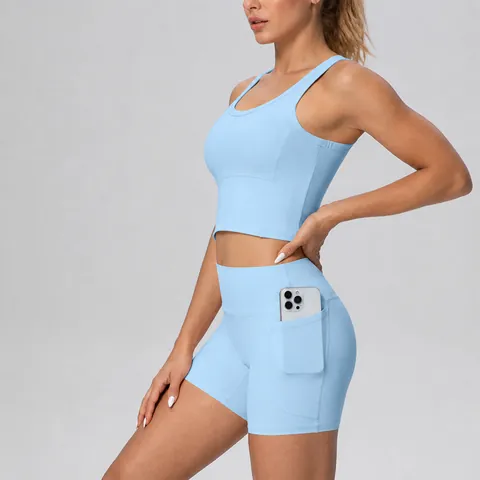 Women Yoga Set Skin-Friendly Racerback Top And Bottom With Pocket Workout Shorts Solid Color Breathable Fitness Gym Clothing