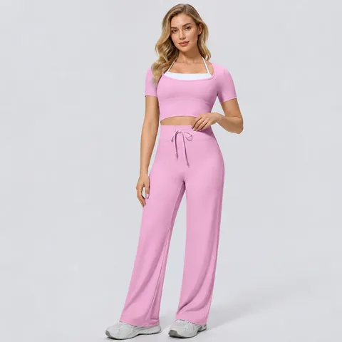 Women's Sports Yoga Set With Built-in Chest Pad Short Sleeve Patchwork Halter Top And Wide Leg Drawstring Running Trousers Nylon Spandex Breathable Activewear