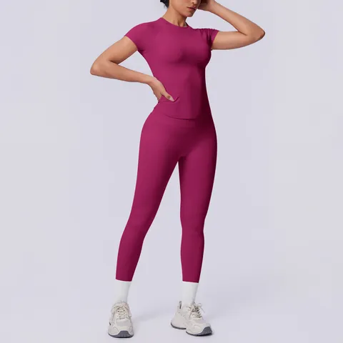 Seamless Knit Yoga Set Women Short Sleeve Top And High Waist Butt Lifting Leggings Breathable Workout Sports Suit