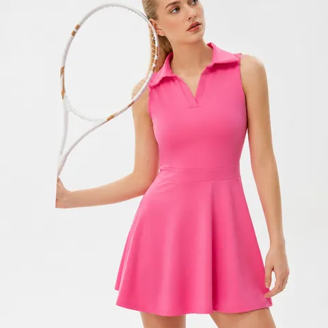 Women's Sleeveless Polo Neck Tennis Dress High Waist Breathable Athletic Skort With Built-in Shorts For Running Yoga Gym Sportswear