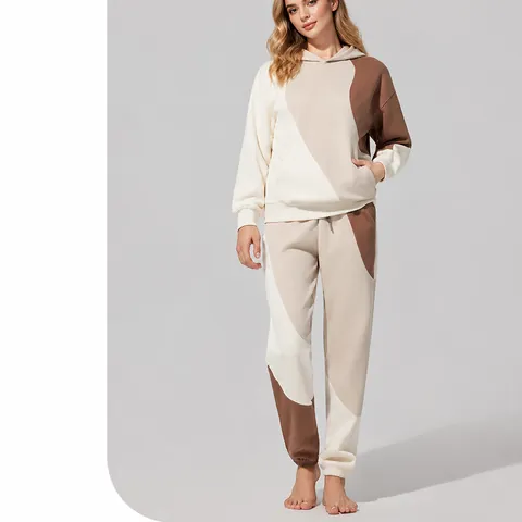Conjunto Deportivo Mujer Bloques de Color Sudadera con Capucha Pantalones Jogger Casual Deportivo Top And Bottom Mezcla de Algodón