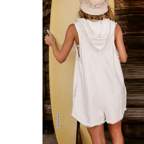 Women Half Zip Sleeveless Hooded Romper Sporty Solid Color Jumpsuit Casual Loose Raw Edge Short Workout Jumpsuit Romper