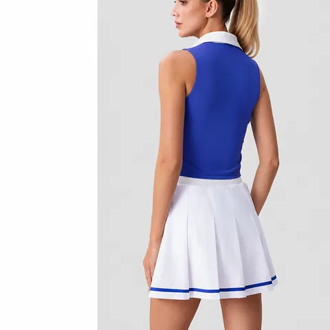 Women Athletic Tennis Pleated Skirt Set Sleeveless Polo Top And Skirt Two Piece Quick Dry Sportswear Golf Training Outfit