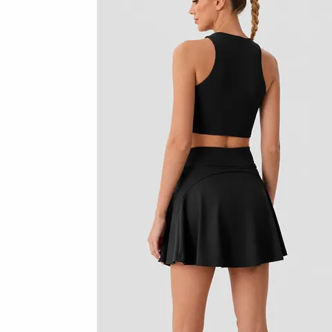 Women Activewear Top And Bottom Asymmetric Halter Yoga Tank Top And High Waist Pleated Tennis Skirt With Pockets For Running Fitness Sporty Minimalist