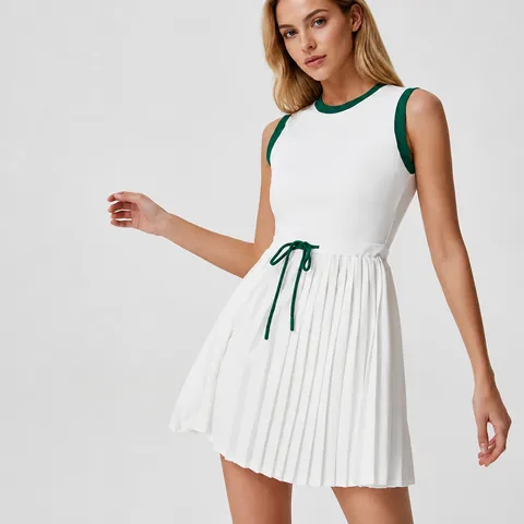 Women Color Block Tennis Romper Dress Sleeveless Pleated Activewear Quick Dry Exercise Dress Top And Bottom For Gym Workout