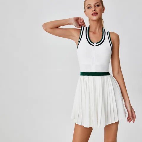 Women Color Block Tennis Dress Zipper High Waist Pleated Golf Skirt Sleeveless Breathable Athletic Sportswear For Badminton Gym