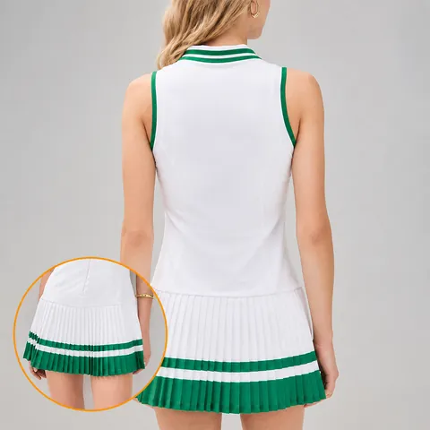 Women Sleeveless Polo Neck One-piece Tennis Dress Zip Up Breathable Quick-dry Contrast Color Pleated Activewear For Fitness Golf