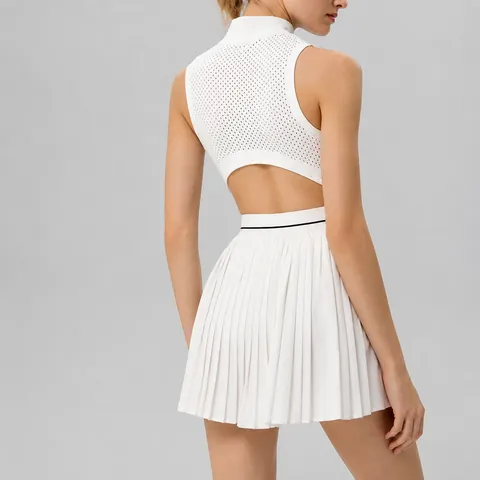 Women Athletic Tennis Dress Sleeveless High Elasticity Pleated Hem Front Zipper Hollow Out Back Top And Bottom For Gym Running