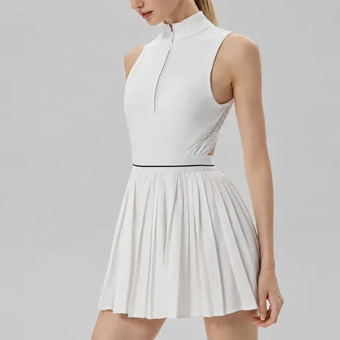 Women Athletic Tennis Dress Sleeveless High Elasticity Pleated Hem Front Zipper Hollow Out Back Top And Bottom For Gym Running