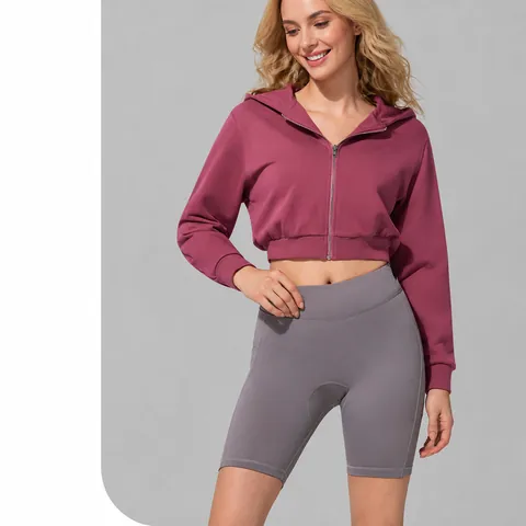 Women Cropped Zip Up Hoodie Jacket Casual Athletic Gym Sweatshirt Long Sleeve Ribbed Cuff Cotton Blend Hooded Top