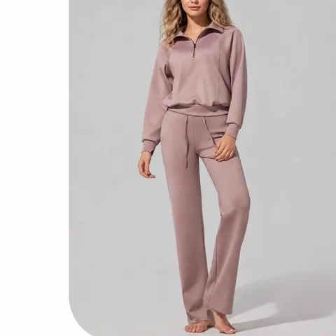 Ensemble de Sport Décontracté en Tissu Scuba pour Femmes Haut à Manches Longues et Pantalon de Yoga Taille Haute
