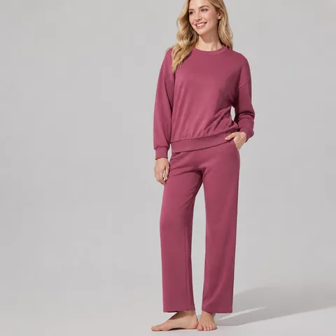 Women Fashion Cotton Blend Casual Sweatshirt Or Sweatpants Loose Fit Round Neck Long Sleeve Top And Elastic Waist Bottom