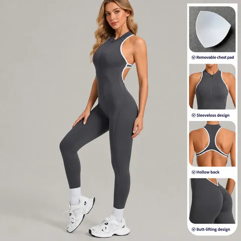 Damen Yoga-Jumpsuit Kontrast-Patchwork Rückenfrei Unitard Hohe Elastizität Nylon Elasthan Scrunch Butt Fitness Bodysuit Top And Bottom