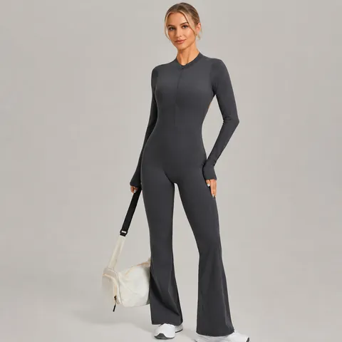 Women Yoga Jumpsuit Nylon Spandex Stand Collar Long Sleeve Backless Flare Leg Athletic One Piece Running Bodysuit Sportwear